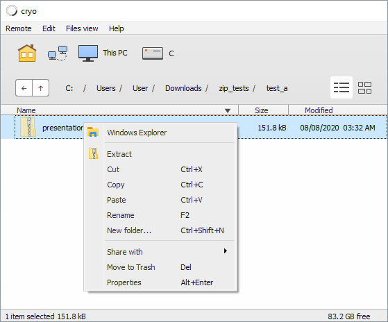 The cryo file manager extract context menu.