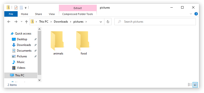 A ZIP archive pictures.zip with two top-level folders opened in File Explorer.