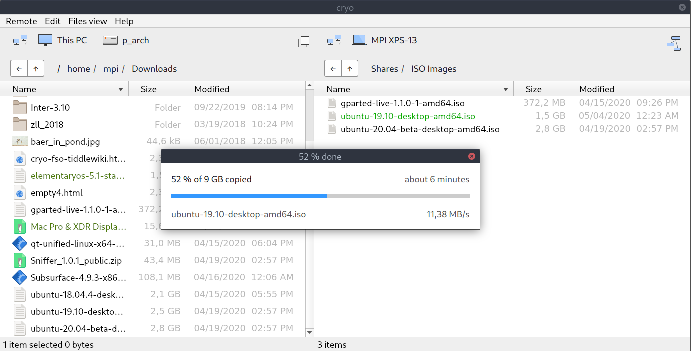 Screenshot of a peer to peer large file transfer